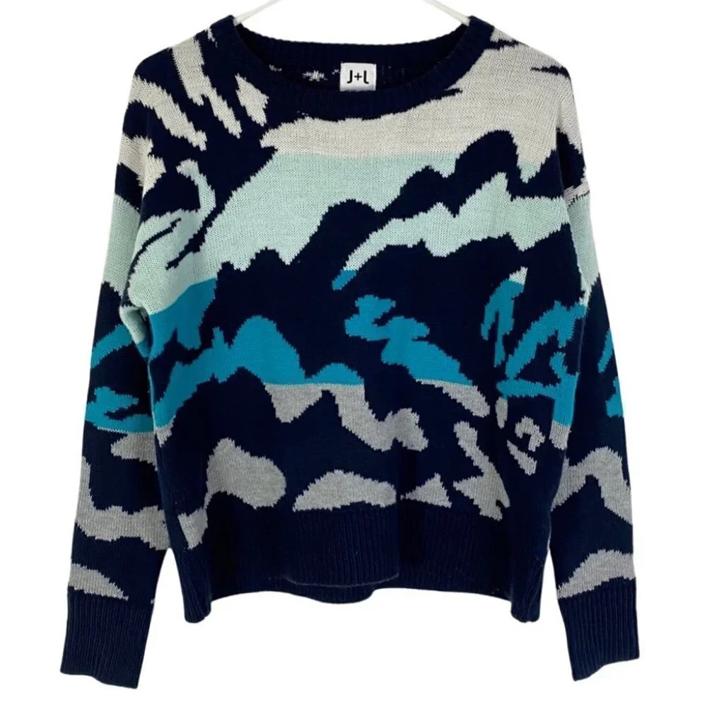John & Jenn Sweater Deep Ocean Abstract Pullover Jumper Womens Size XS Crewneck